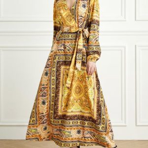 Stylewe Paisley Scarf Print Surplice Neck Belted Dress, Dresses, color:Yellow|size:XXL, Stylewe