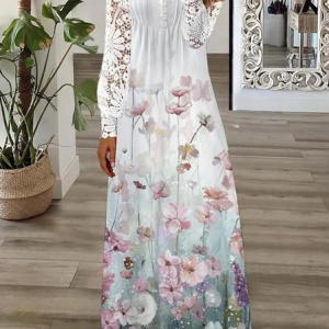 Lace V Neck Loose Floral Casual Dress, Dresses, color:White|size:XXL, JustFashionNow