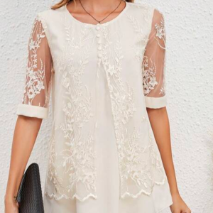 Lace Elegant Crew Neck Contrast Mesh Embroidery Blouse, Shirts & Blouses, color:Apricot|size:XXL, JustFashionNow