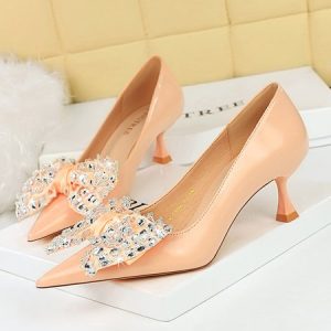 Rhinestone Bowknot Party Wine Glass Heeled Pumps, Heels, color:Pink|size:43, Stylewe
