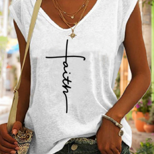Loose Casual Faith V Neck Tank Top, Tanks & Camis, color:White|size:XXL, JustFashionNow