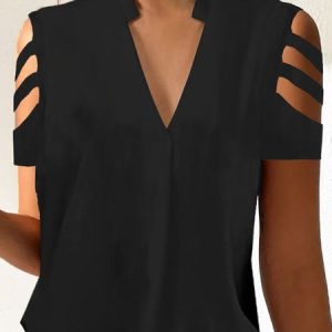 Hollow Out Loose Casual V Neck Shirt, Shirts & Blouses, color:Black|size:XXL, JustFashionNow