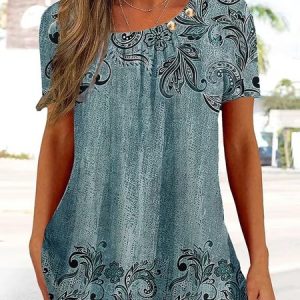 Loose Floral Asymmetrical Casual Shirt, Shirts & Blouses, color:Blue|size:XXL, JustFashionNow
