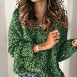 Top Rated / Women V Neck Long Sleeve Sweater, Sweaters, color:Green|size:XXL, Noracora