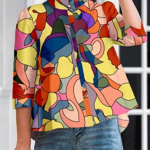Stand Collar Abstract Casual Loose Blouse, Blouses and Shirts, color:As Picture|size:XXL, Stylewe