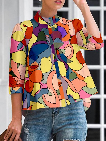 Stand Collar Abstract Casual Loose Blouse, Blouses and Shirts, color:As Picture|size:XXL, Stylewe