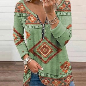 Ethnic V Neck Jersey Top, Shirts & Blouses, color:Green|size:XXL, JustFashionNow