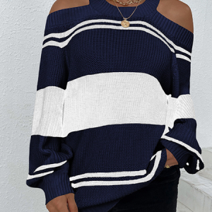 Women Yarn/Wool Yarn Striped Long Sleeve Comfy Casual Sweater, Sweaters, color:Navy Blue|size:XL, Noracora