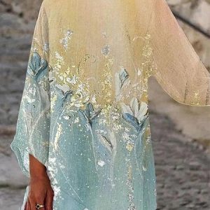 Cotton and Linen Contrast Floral Loose Top, Shirts & Blouses, color:Yellow|size:XXL, JustFashionNow