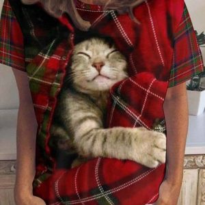 Women's Casual Red Plaid Christmas Cat Graphic T-shirt, color:As Picture|size:3XL, Lilicloth.com