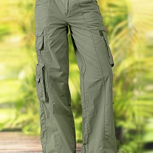 Plain Linen Casual Loose Flap Pocket Straight Leg Cargo Pants, Pants, color:Green|size:XXL, JustFashionNow