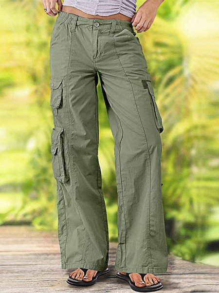 Plain Linen Casual Loose Flap Pocket Straight Leg Cargo Pants, Pants, color:Green|size:XXL, JustFashionNow