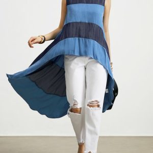 Loose Stand Collar Sleeveless Urban Striped  Faux denim  Mid-long Top, Blouses and Shirts, color:Blue|size:XXL, Stylewe