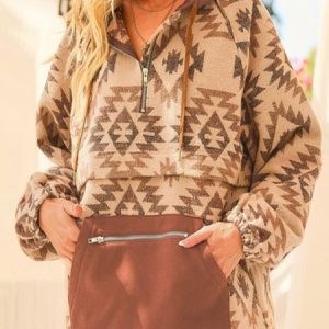 Boho Hoodie Ethnic Hoodie Zipper, Hoodies & Sweatshirts, color:Khaki|size:XL, Noracora