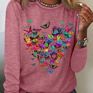 Women Text Letters Crew Neck Long Sleeve Blouse Casual Daily Spring/Fall Top, JustFashionNow Shirts, color:Rose Red|size:3XL
