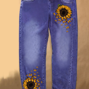 Womens Sunflower Butterfly Casual Printed Jeans, color:Blue|size:3XL, Lilicloth.com