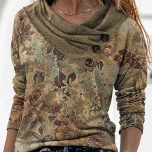 JFN Ethnic Floral Design Casual Large Lapel Knit Buttoned Long Sleeve Top, Shirts & Blouses, color:Brown|size:XXL, JustFashionNow
