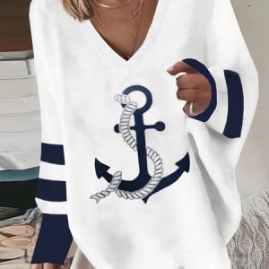 Anchor Casual Loose Sweatshirt, color:White|size:XXL, Lilicloth.com