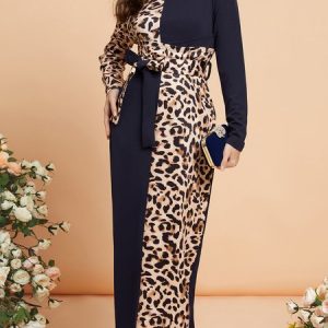 Leopard Print Slit Back Belted Bodycon Dress, Dresses, color:Multicolor|size:XXL, Stylewe