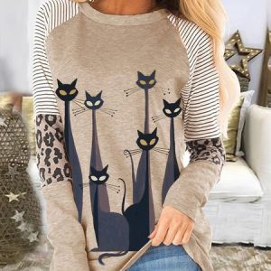 Round Collar And Leopard Print Patchwork Top, Cute Cat Shirt & Top, T-Shirts, color:As Picture|size:XXL, JustFashionNow