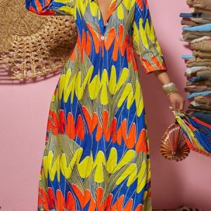 Loose Abstract Stripes Vacation Shirt Collar Dress, Maxi Dresses, color:As Picture|size:XXL, Stylewe