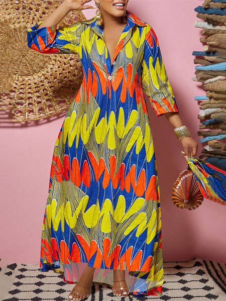 Loose Abstract Stripes Vacation Shirt Collar Dress, Maxi Dresses, color:As Picture|size:XXL, Stylewe