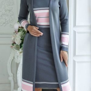 Crew Neck Striped Two-Piece Set, Basic Dresses, color:Multicolor|size:XXL, JustFashionNow
