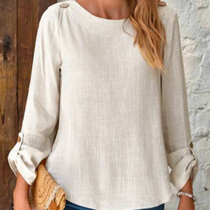 Casual Buttoned Loose Crew Neck Solid Button Detail Shirt, Shirts & Blouses, color:Apricot|size:XXL, JustFashionNow