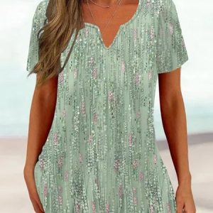 Random Print Notched Loose Casual Shirt, Shirts & Blouses, color:Lightgreen|size:XXL, JustFashionNow