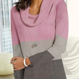 Casual Color Contrast Pile Collar Long Sleeve Top, Tops, color:Pink|size:XXL, JustFashionNow