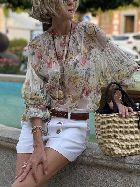 Floral Crew Neck Vacation Blouse, Blouses and Shirts, color:flower|size:XXL, Stylewe