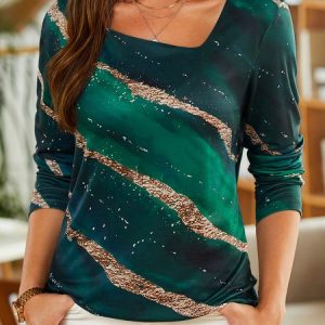 Geometric Casual Asymmetrical Long sleeve Top, T-Shirts, color:Blue|size:XXL, JustFashionNow