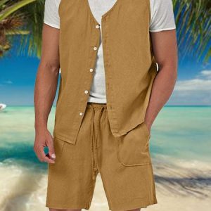 Casual Plain Regular Fit Crew Neck Two-Piece Set, Suit Set, color:Yellow|size:3XL, JustFashionNow
