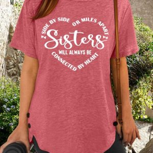 Womens Sister Letter Casual Short Sleeve T-Shirt, color:Red|size:3XL, Lilicloth.com