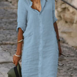 Cotton And Linen Loose Linen Plain Dress, Dresses, color:Blue|size:XXL, JustFashionNow