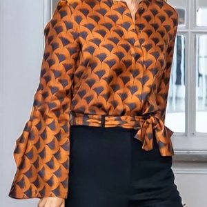 Long Sleeve Elegant Plants Crew Neck Blouse, Blouses and Shirts, color:As Picture|size:XXL, Stylewe