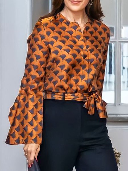 Long Sleeve Elegant Plants Crew Neck Blouse, Blouses and Shirts, color:As Picture|size:XXL, Stylewe
