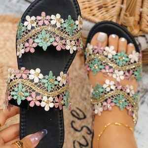 Vacation Floral Beaded Beach Slide Sandals, Sandals & Slippers, color:Black|size:43, JustFashionNow