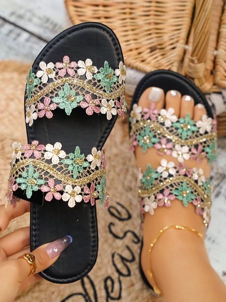 Vacation Floral Beaded Beach Slide Sandals, Sandals & Slippers, color:Black|size:43, JustFashionNow