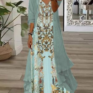 Ethnic V Neck Regular Fit Casual Two-Piece Set, Suit Set, color:Cyan|size:XXL, JustFashionNow
