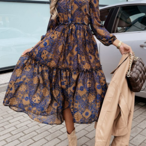 Women Floral Stand Collar Long Sleeve Comfy Casual Maxi Dress, Maxi, color:Brown|size:XXL, Noracora