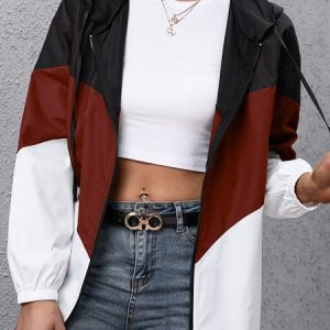 Casual Color Block Regular Fit water proof Hoodie Jacket, Jackets, color:Wine Red|size:XL, JustFashionNow