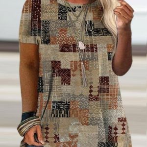 Plus Size Ethnic Geometry Jersey Casual T-Shirt, Shirts & Blouses, color:Khaki|size:4X, JustFashionNow