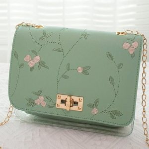 Urban Casual Flower Embroidered Leather Double Layer Messenger Bag Women, Women's Bags, color:Green|size:One-size, JustFashionNow