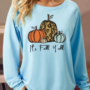 Women's It's fall y'all pumpkins Crew Neck Casual Sweatshirt, color:Light Blue|size:3XL, Lilicloth.com