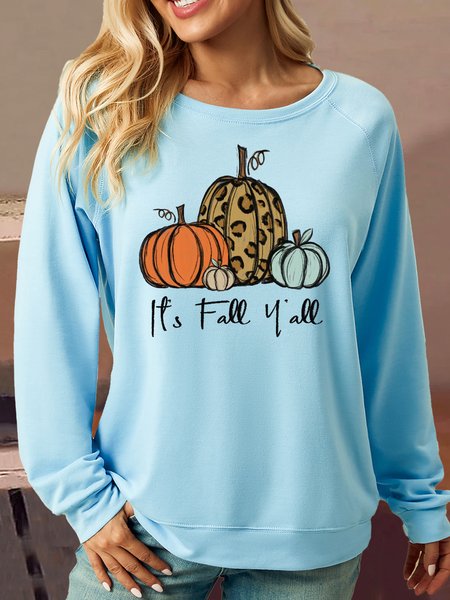 Women's It's fall y'all pumpkins Crew Neck Casual Sweatshirt, color:Light Blue|size:3XL, Lilicloth.com