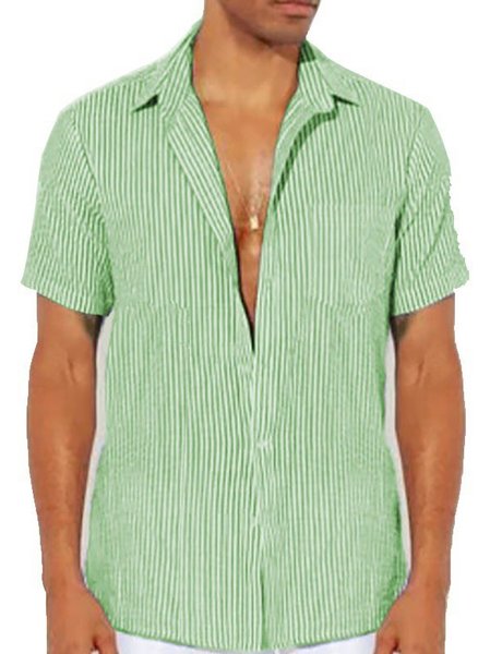 Striped Chemical Fiber Blend Shirt Collar Boho Shirt, Shirts & Blouse, color:Aqua|size:3XL, JustFashionNow