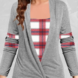 V Neck Long Sleeve Plaid Heavyweight Micro-Elasticity Regular Fit Shirt For Women, Blouses, color:Gray|size:5XL, Noracora