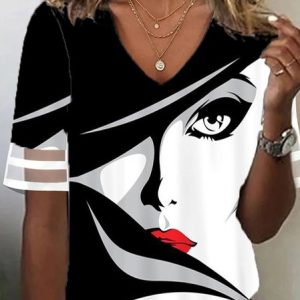 Loose V Neck Abstract Casual T-Shirt, T-Shirts, color:Black-white|size:XXL, JustFashionNow