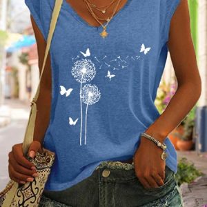 Flower Butterflies Print Women's Knit Tank, color:Blue|size:3XL, Lilicloth.com